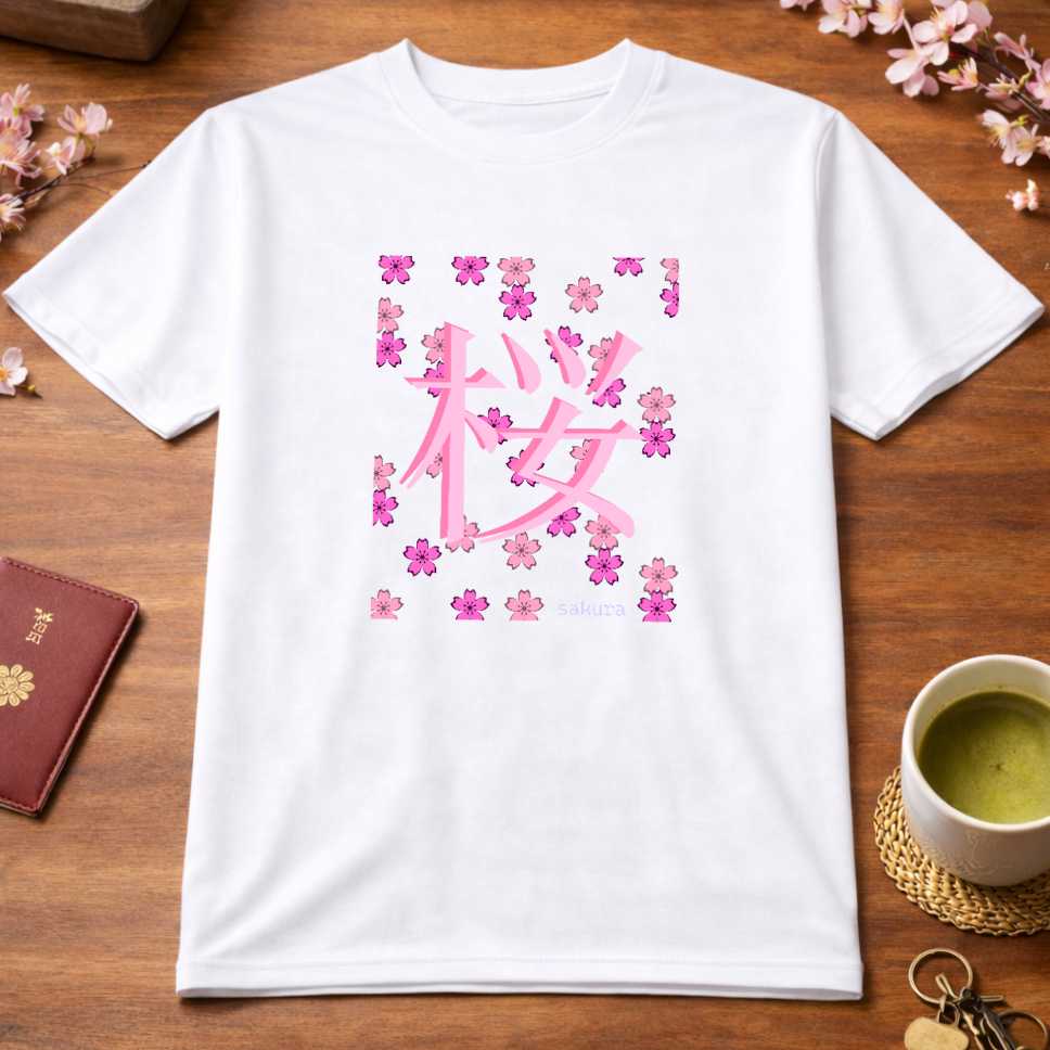T-Shirt Relaxed Japanese Character Kanji Flower Sakura Cherry Blossom Mixed