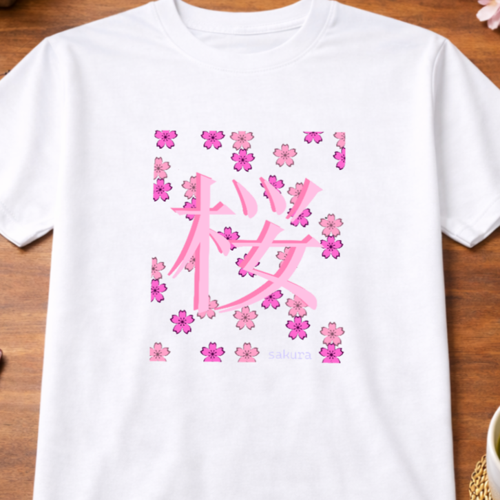 T-Shirt Relaxed Japanese Character Kanji Flower Sakura Cherry Blossom Mixed