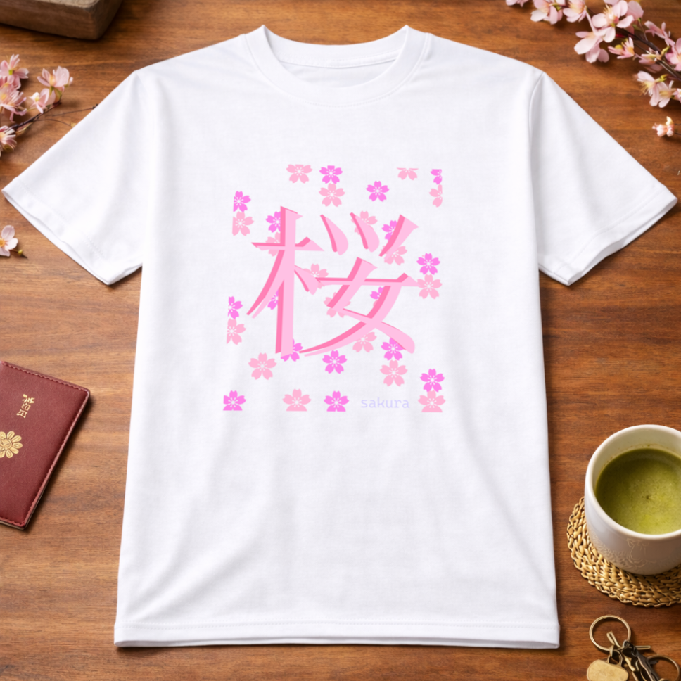 T-Shirt Relaxed Japanese Character Kanji Flower Sakura Cherry Blossom Dual