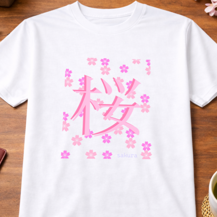 T-Shirt Relaxed Japanese Character Kanji Flower Sakura Cherry Blossom Mono