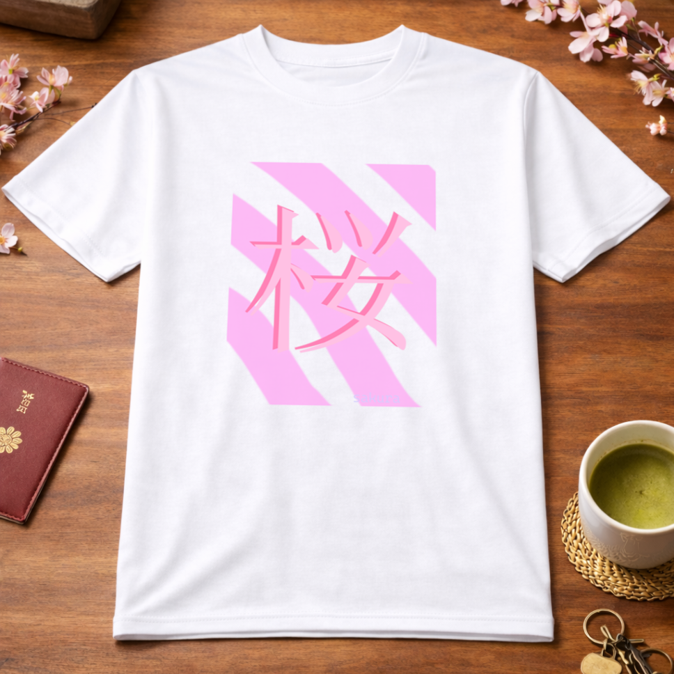 T-Shirt Relaxed Japanese Character Kanji Stripes Sakura Cherry Blossom