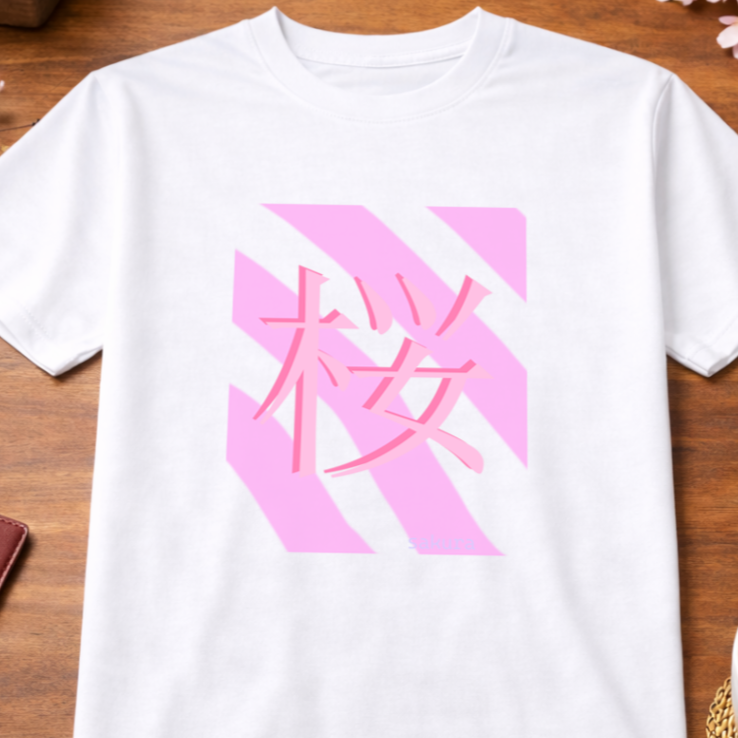 T-Shirt Relaxed Japanese Character Kanji Stripes Sakura Cherry Blossom