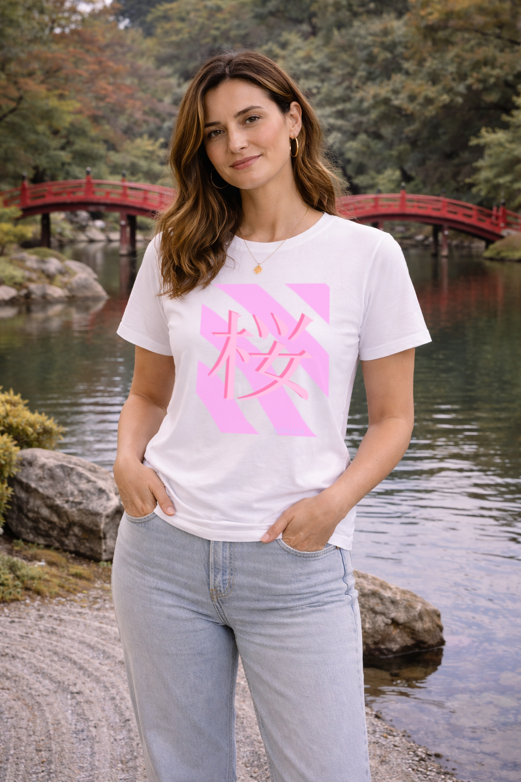 T-Shirt Relaxed Japanese Character Kanji Stripes Sakura Cherry Blossom