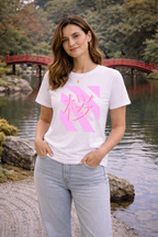 T-Shirt Relaxed Japanese Character Kanji Stripes Sakura Cherry Blossom